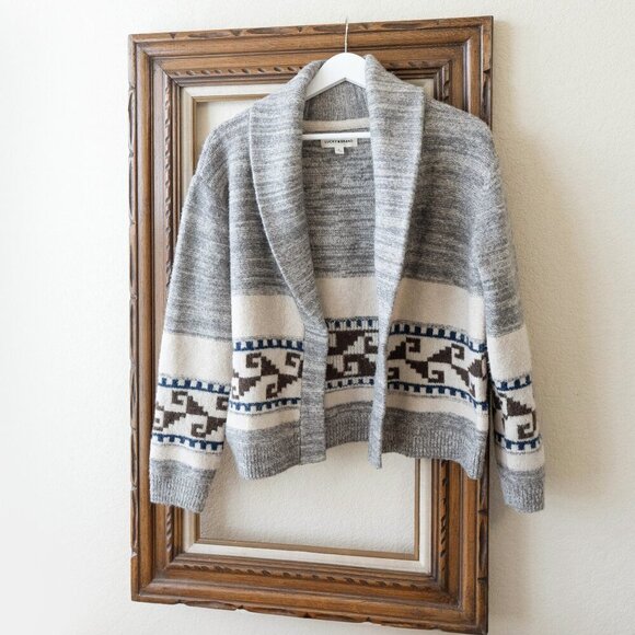 LUCKY BRAND CARDIGAN SZ L GRAY BLUE SHAWL COLLAR OPEN FRONT CROPPED SOUTHWESTERN - Picture 1 of 7